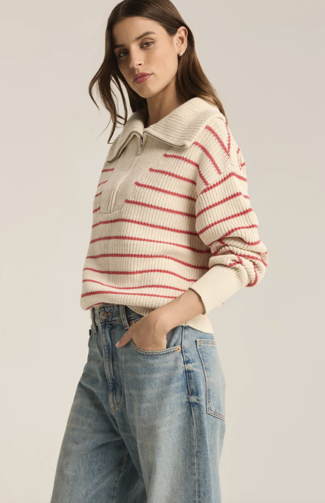 Z SUPPLY VILLA HALF ZIP STRIPE SWEATER