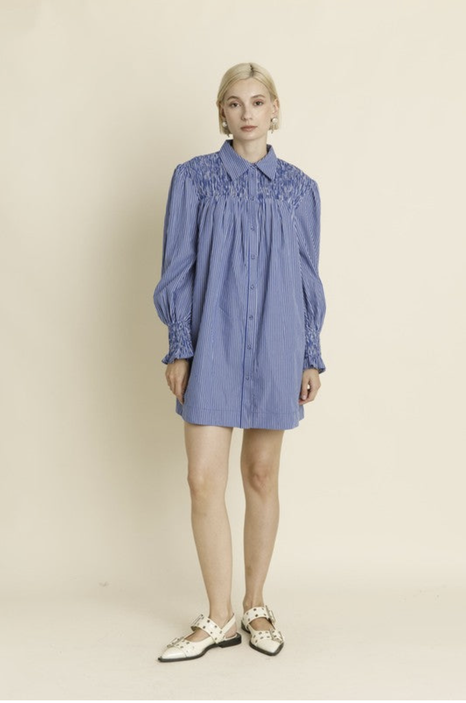AUREUM SMOCKED STRIPED SHIRT DRESS