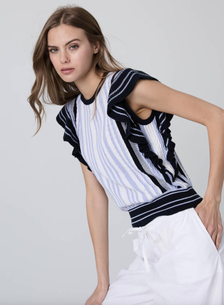 STRIPED TEXTURED STITCH CREW W/RUFFLES