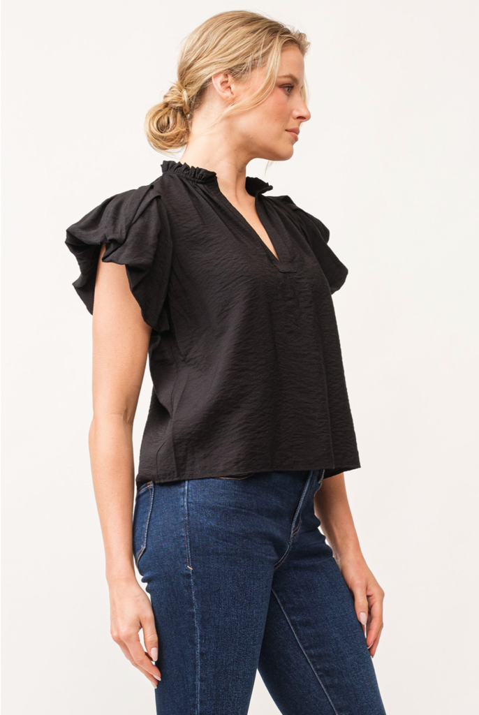 DEAR JOHN CORALINE PUFF SLEEVE SPLIT NECK TOP
