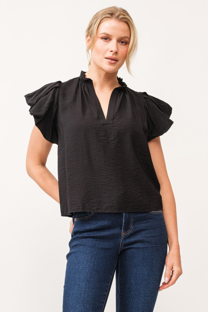 DEAR JOHN CORALINE PUFF SLEEVE SPLIT NECK TOP