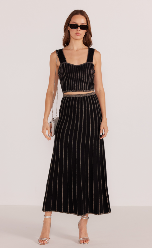 MINKPINK CELIA LUREX STRIPE MIDI SKIRT
