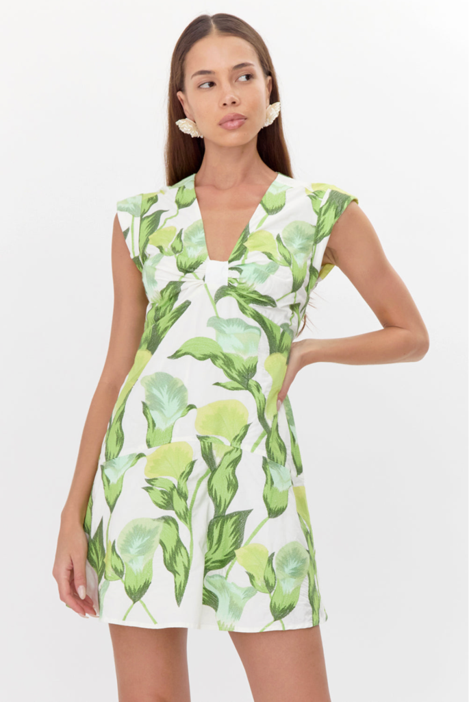 ELOISE TWIST FRONT EMBROIDERED TIERED MINI DRESS
