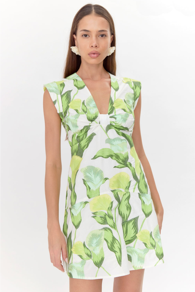 ELOISE TWIST FRONT EMBROIDERED TIERED MINI DRESS