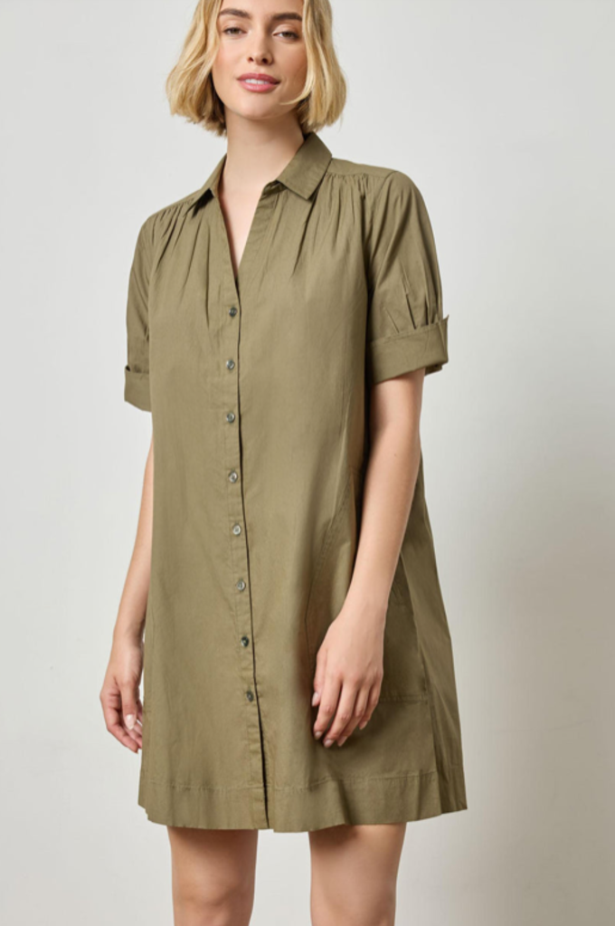 SHIRRED SLEEVE SHIRT DRESS