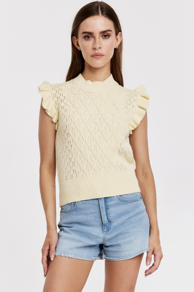 ANOTHER LOVE MONA RUFFLE TRIMMED CROCHET SWEATER