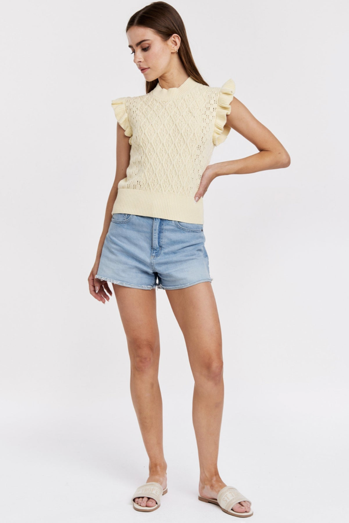 ANOTHER LOVE MONA RUFFLE TRIMMED CROCHET SWEATER