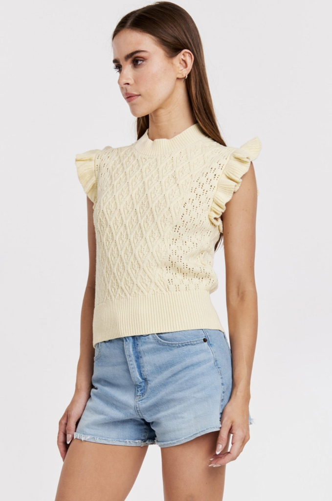 ANOTHER LOVE MONA RUFFLE TRIMMED CROCHET SWEATER