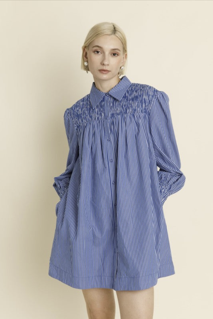 AUREUM SMOCKED STRIPED SHIRT DRESS