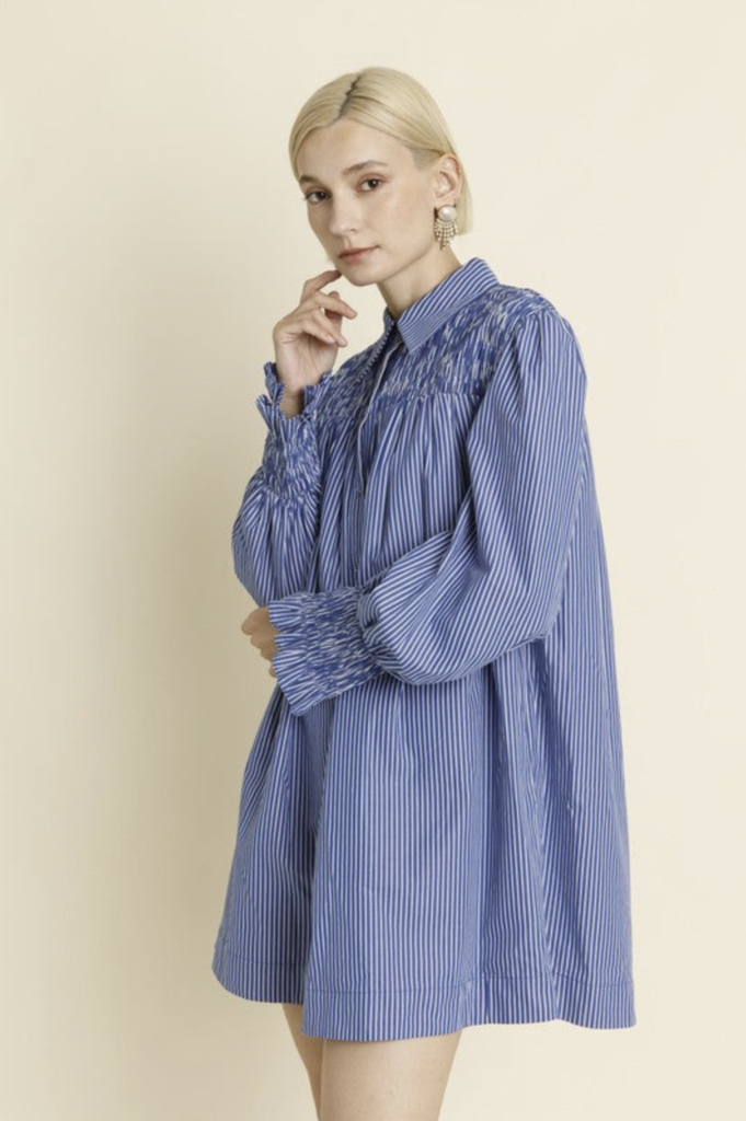 AUREUM SMOCKED STRIPED SHIRT DRESS