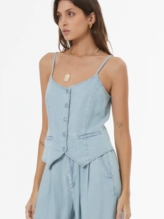 YOUNG FABULOUS & BROKE TATE VEST INDIGO PALE BLUE WASH