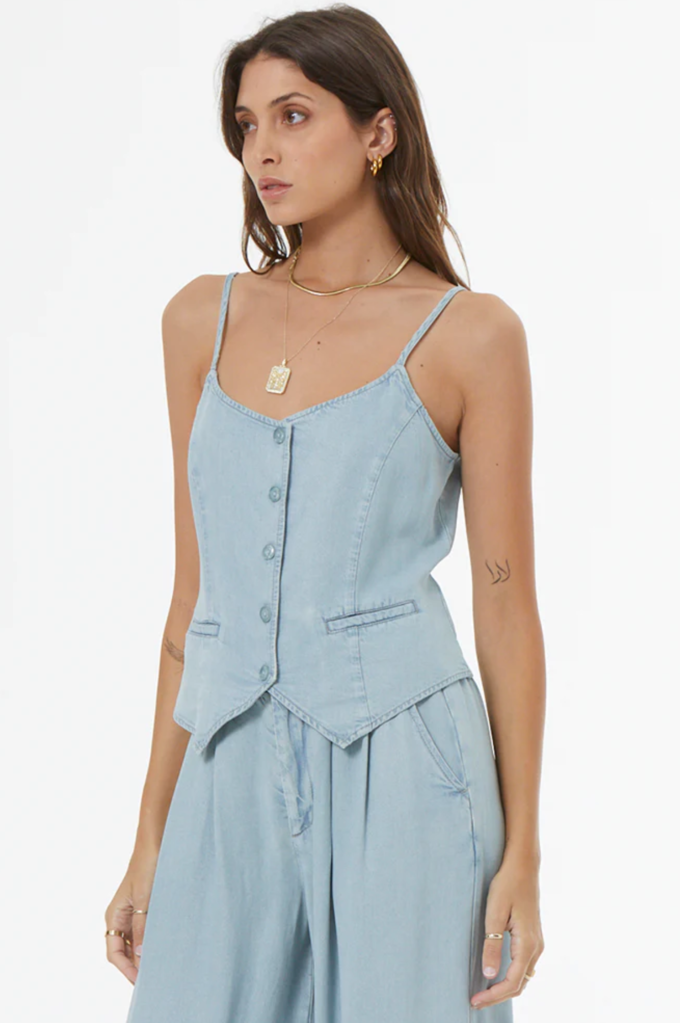 YOUNG FABULOUS & BROKE TATE VEST INDIGO PALE BLUE WASH