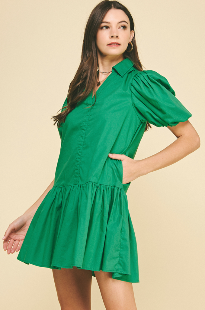 PINCH COLLARRED TIERED MINI DRESS
