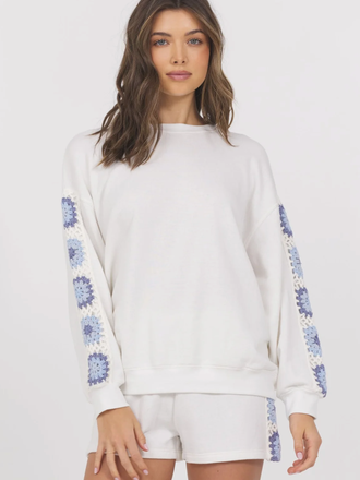 WHITE FRENCH TERRY CREWNECK WITH CROCHET INSERT SLEEVE