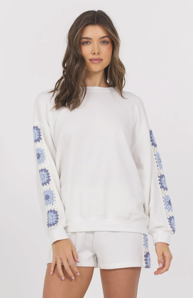 WHITE FRENCH TERRY CREWNECK WITH CROCHET INSERT SLEEVE