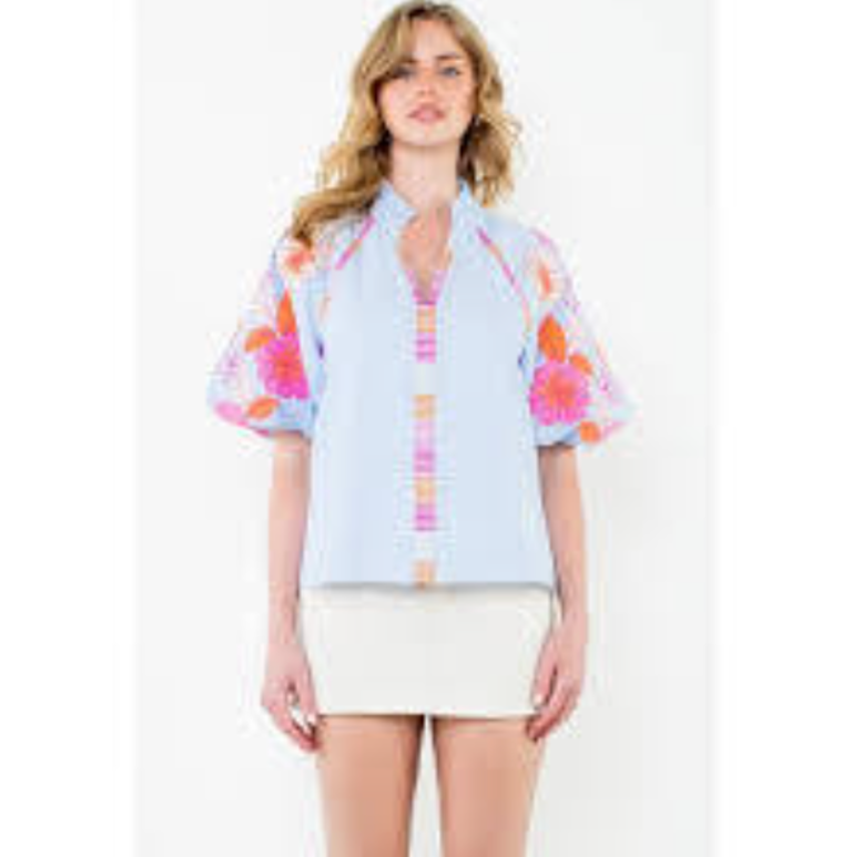 FLORAL EMBROIDERED PUFF SLEEVE TOP