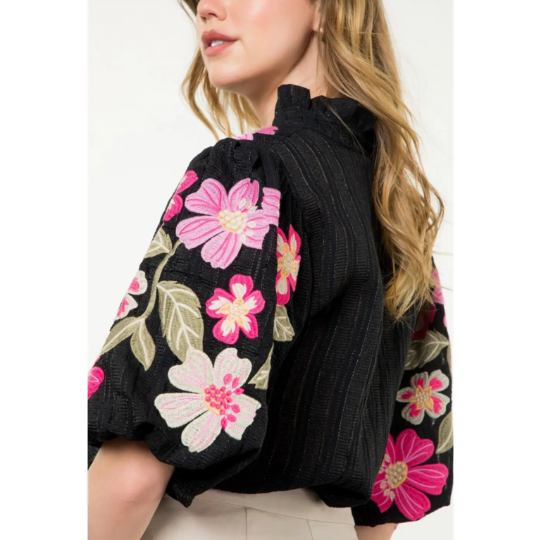 EMBROIDERED PUFF SLEEVE TEXTURED TOP
