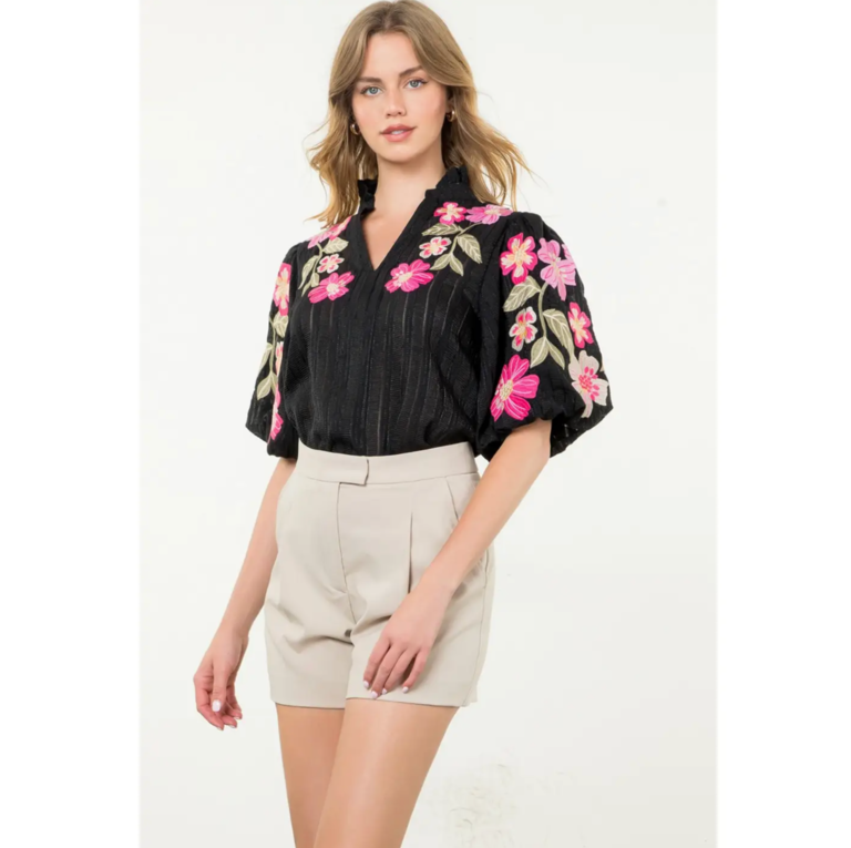 EMBROIDERED PUFF SLEEVE TEXTURED TOP