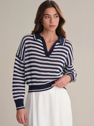 525 AMERICA KIMBERLY STRIPE OPEN STITCH POLO SWEATER