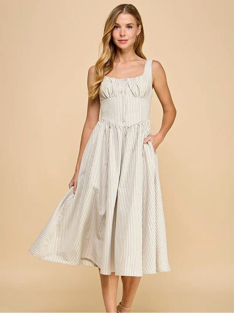 STRIPED FAUX CORSET STYLE MIDI DRESS