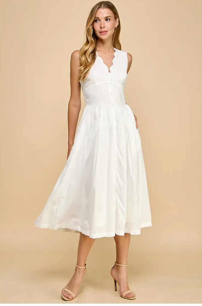 SCALLOPED NECKLINE BUTTON UP FIT AND FLARE DRESS