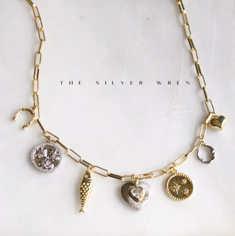THE SILVER WREN TWO TONE MULTI CHARM NECKLACE