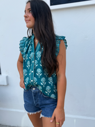 RUFFLE SLEEVE FLOWER PRINT TOP