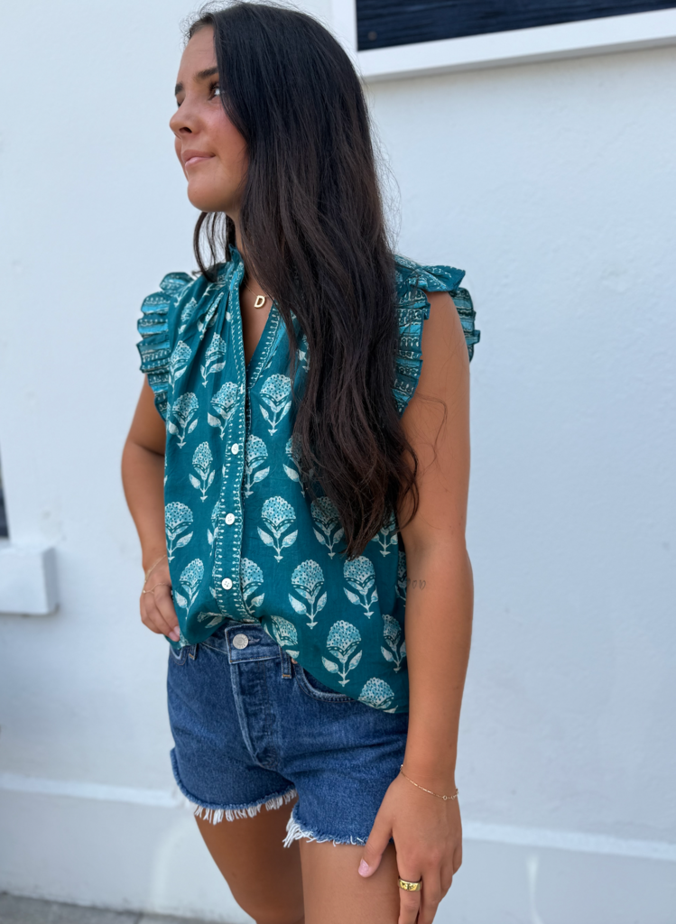 RUFFLE SLEEVE FLOWER PRINT TOP