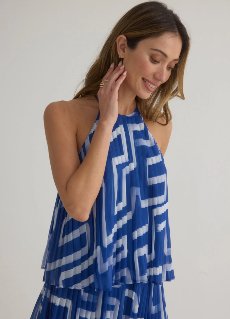 BELLA DAHL PLEATED HALTER TOP COASTAL LINE PRINT