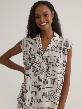 BELLA DAHL PRINTED BUTTON FRONT CAP SLEEVE TOP