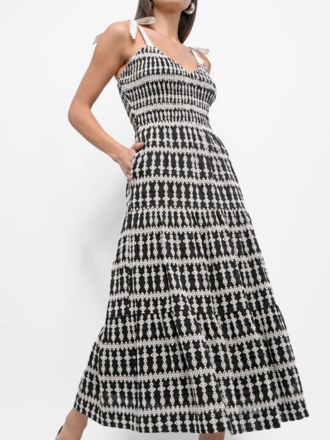 JAYLA EMBROIDERY EYELET SMOCKED MIDI DRESS