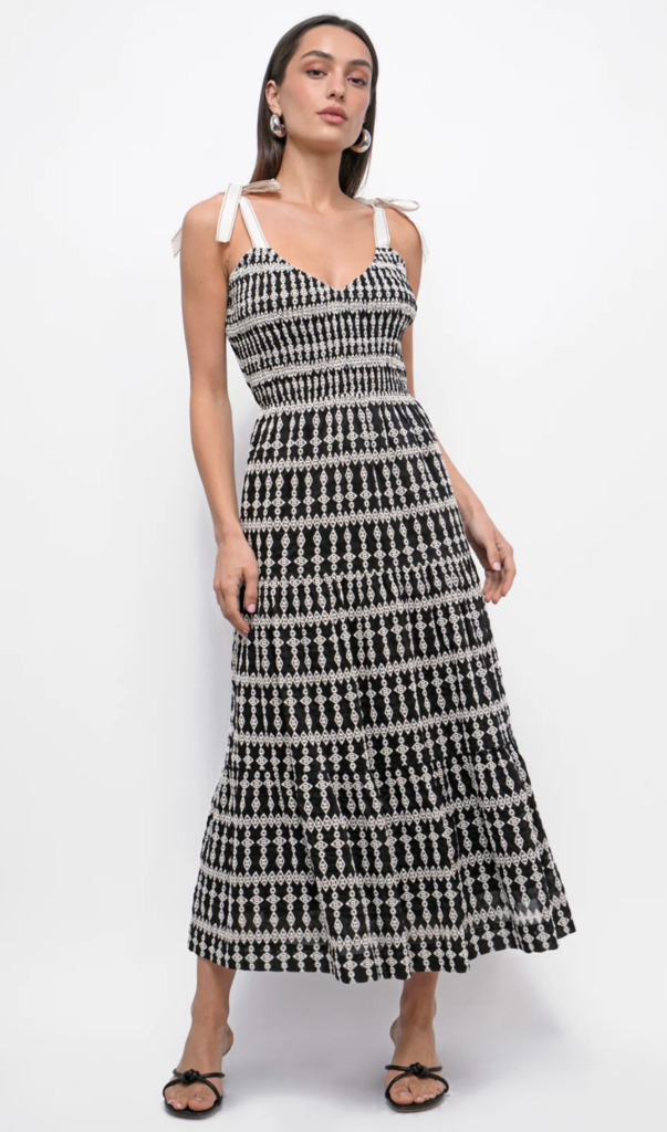 JAYLA EMBROIDERY EYELET SMOCKED MIDI DRESS