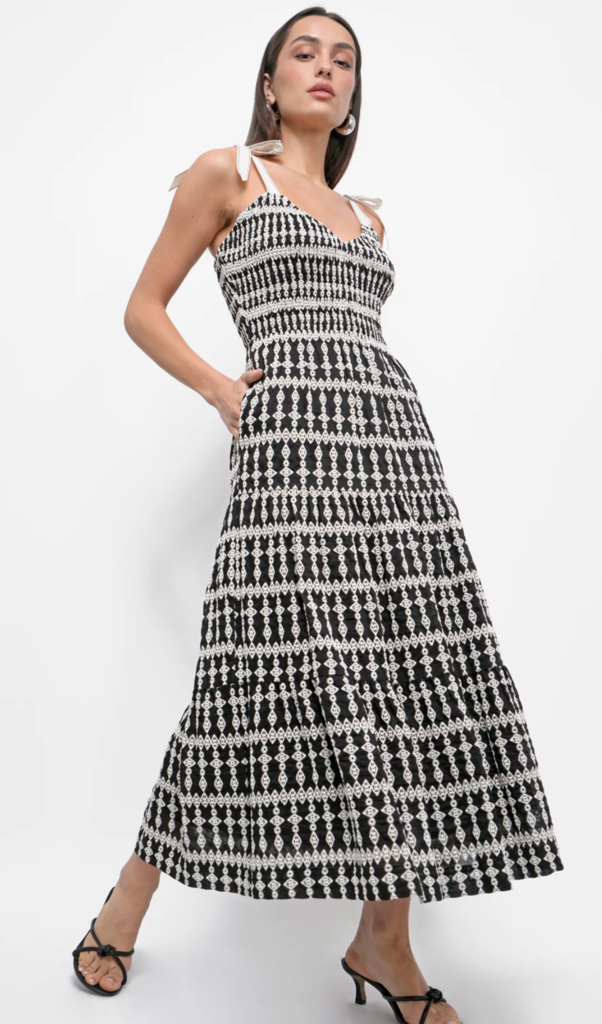 JAYLA EMBROIDERY EYELET SMOCKED MIDI DRESS