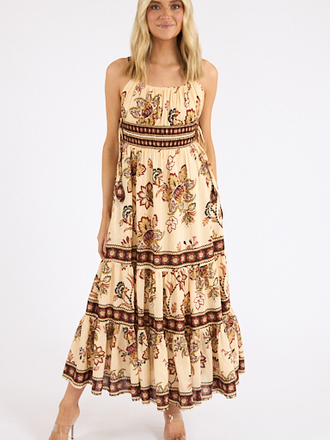 FARM RIO AURA FLORAL SAND MIDI DRESS