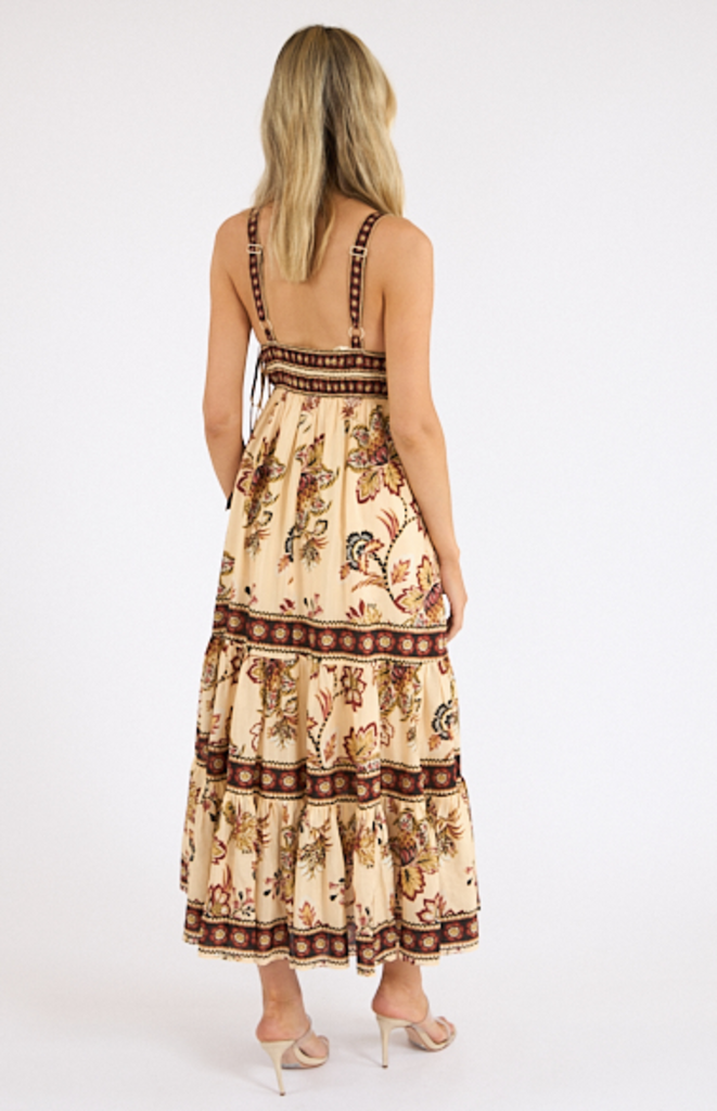FARM RIO AURA FLORAL SAND MIDI DRESS