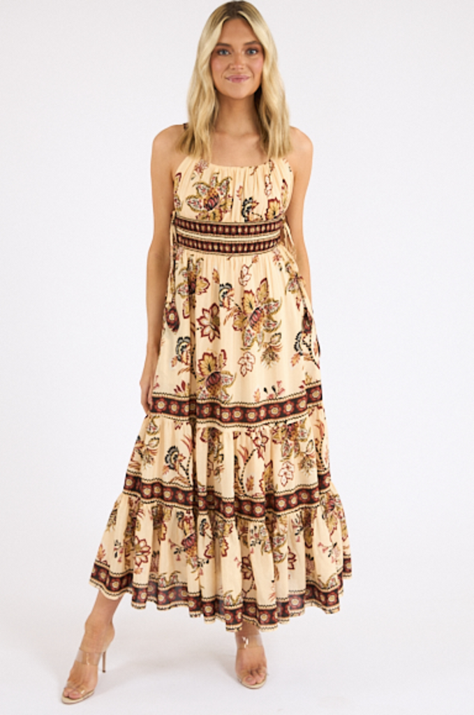 FARM RIO AURA FLORAL SAND MIDI DRESS