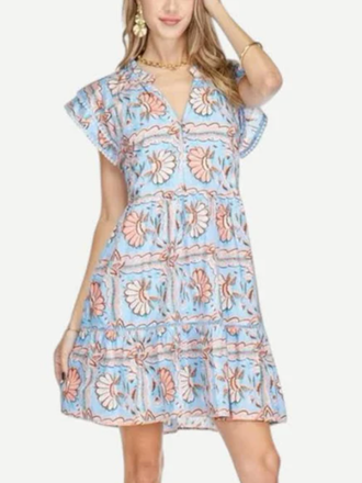 FLORAL SEASHELLS FLUTTER SLEEVE TIERED DRESS