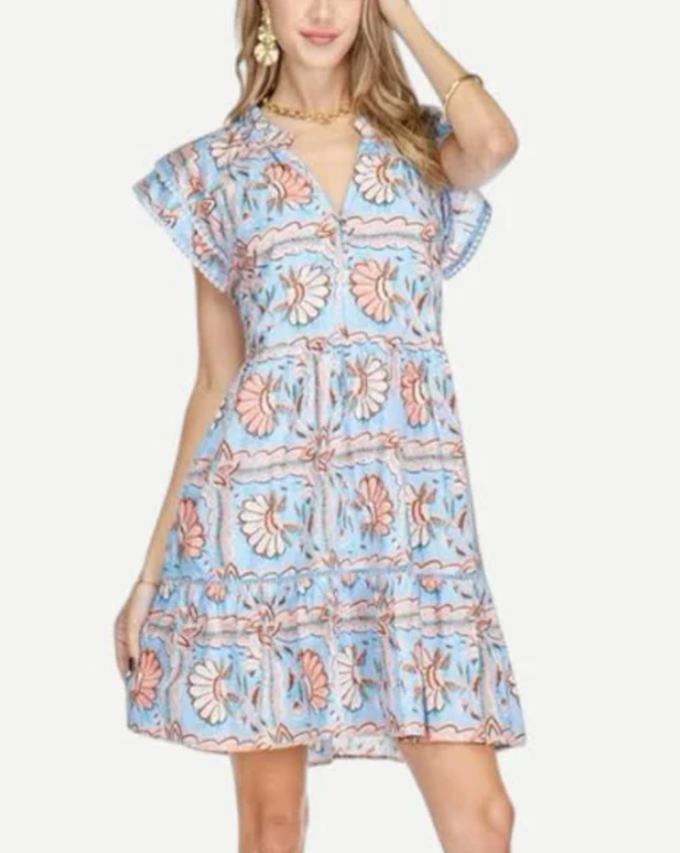 FLORAL SEASHELLS FLUTTER SLEEVE TIERED DRESS