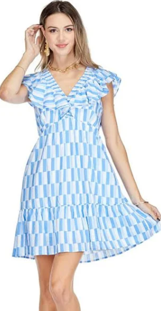 BLUE MEDLEY RUCHED V-NECK RUFFLES DRESS