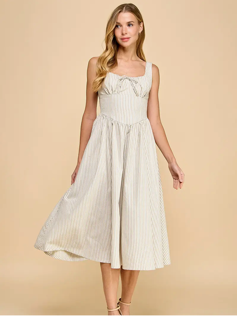 STRIPED FAUX CORSET STYLE MIDI DRESS