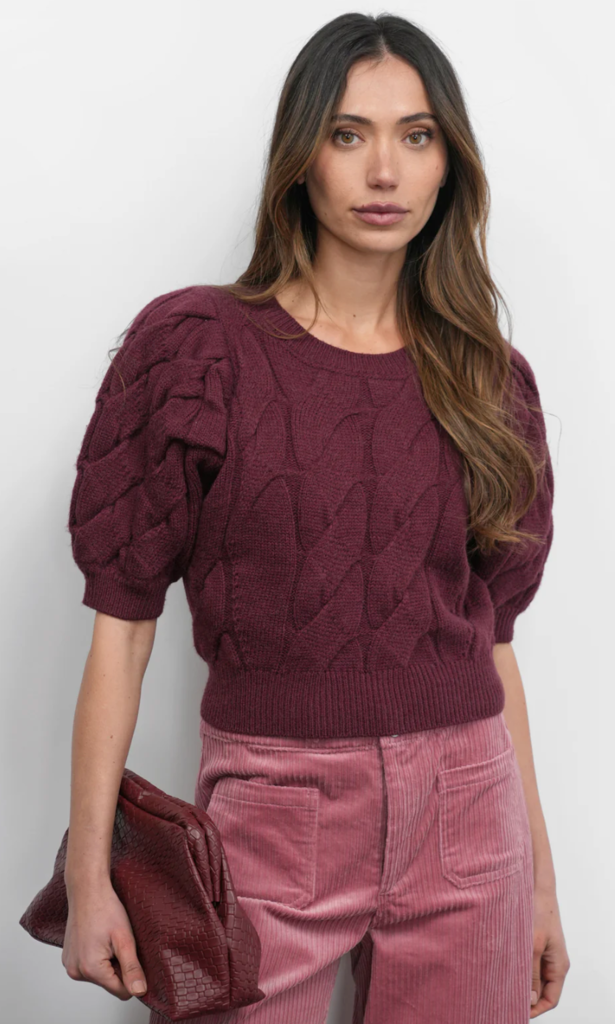 HALLIE CABLE KNIT PUFF SLEEVE SWEATER TOP