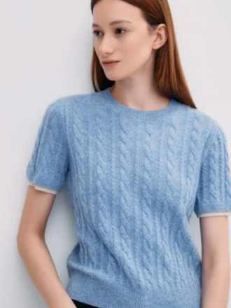 PISSENLIT LAYERED LOOK CABLE KNIT SHORT SLEEVE SWEATER