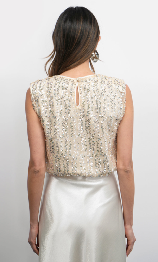 LIBERTY PADDED SHOULDER BUBBLE HEM SEQUIN TOP
