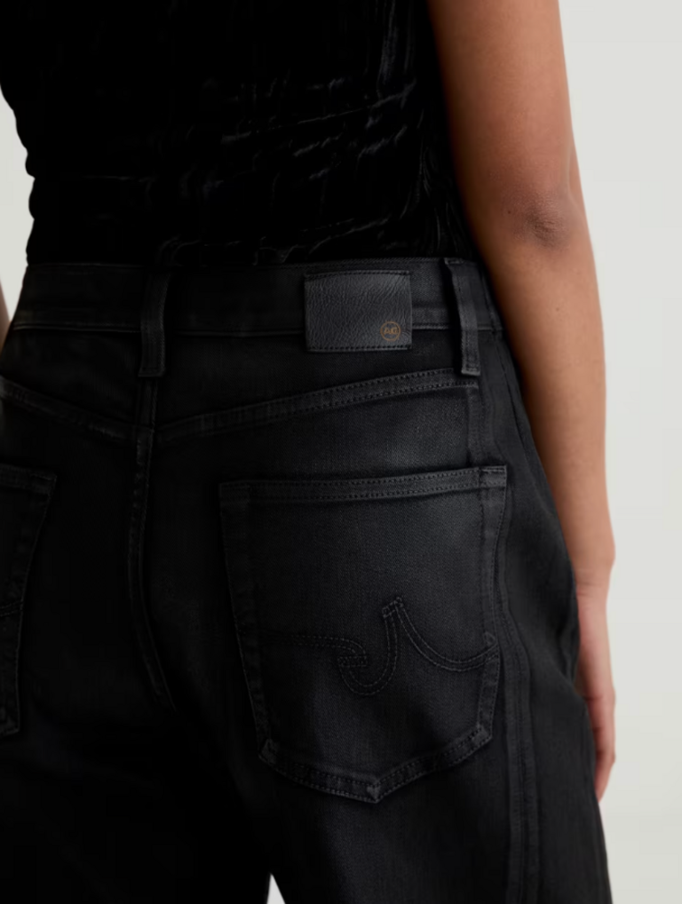 AG JEANS HATTIE CROP HI-RISE BARREL LEATHERETTE SUPER BLACK