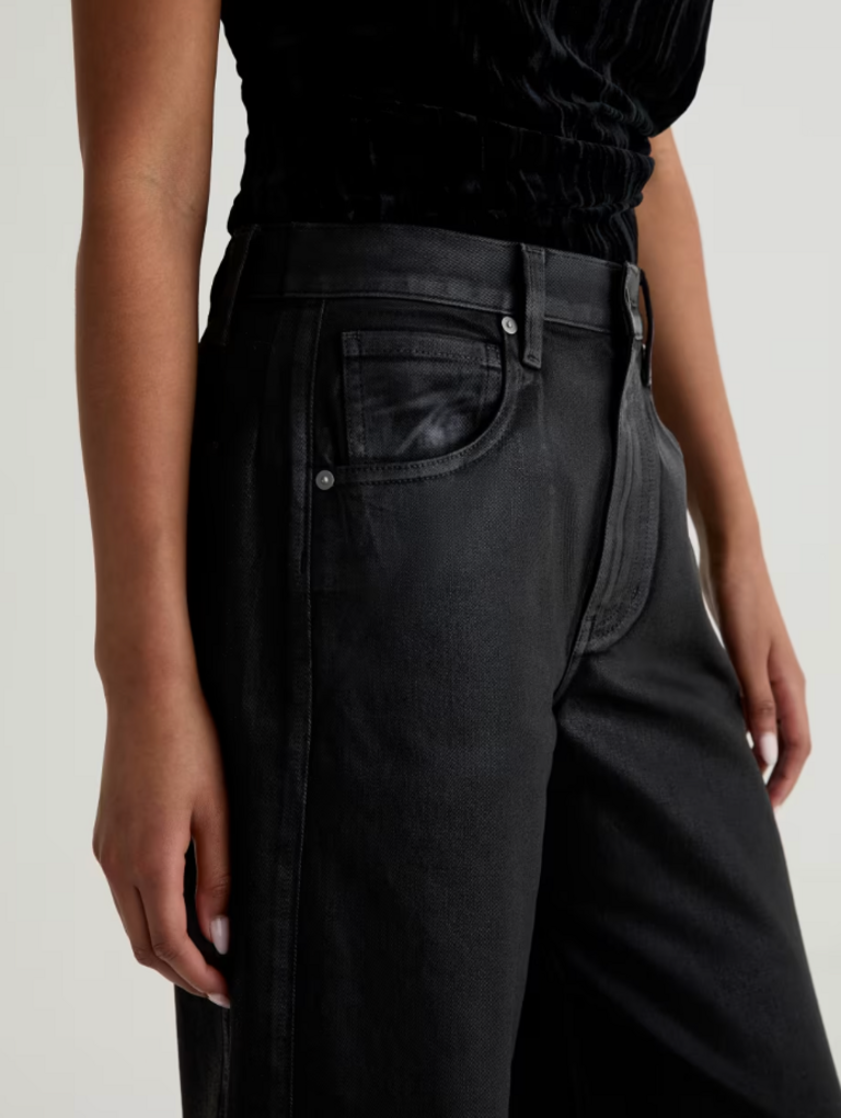 AG JEANS HATTIE CROP HI-RISE BARREL LEATHERETTE SUPER BLACK