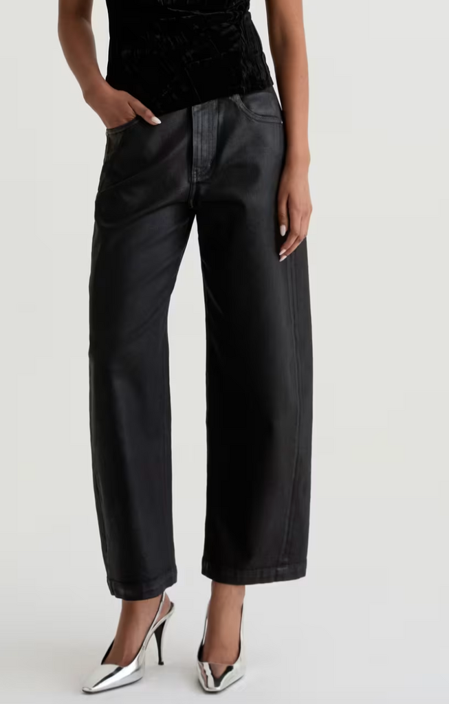 AG JEANS HATTIE CROP HI-RISE BARREL LEATHERETTE SUPER BLACK