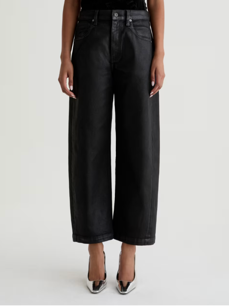 AG JEANS HATTIE CROP HI-RISE BARREL LEATHERETTE SUPER BLACK