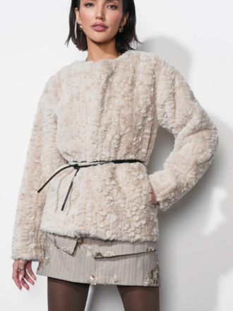 YURI COLLARLESS FAUX FUR JACKET W/ TIE BLET
