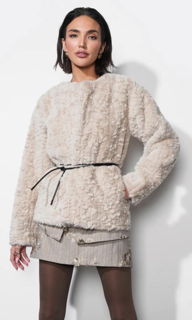 YURI COLLARLESS FAUX FUR JACKET W/ TIE BLET