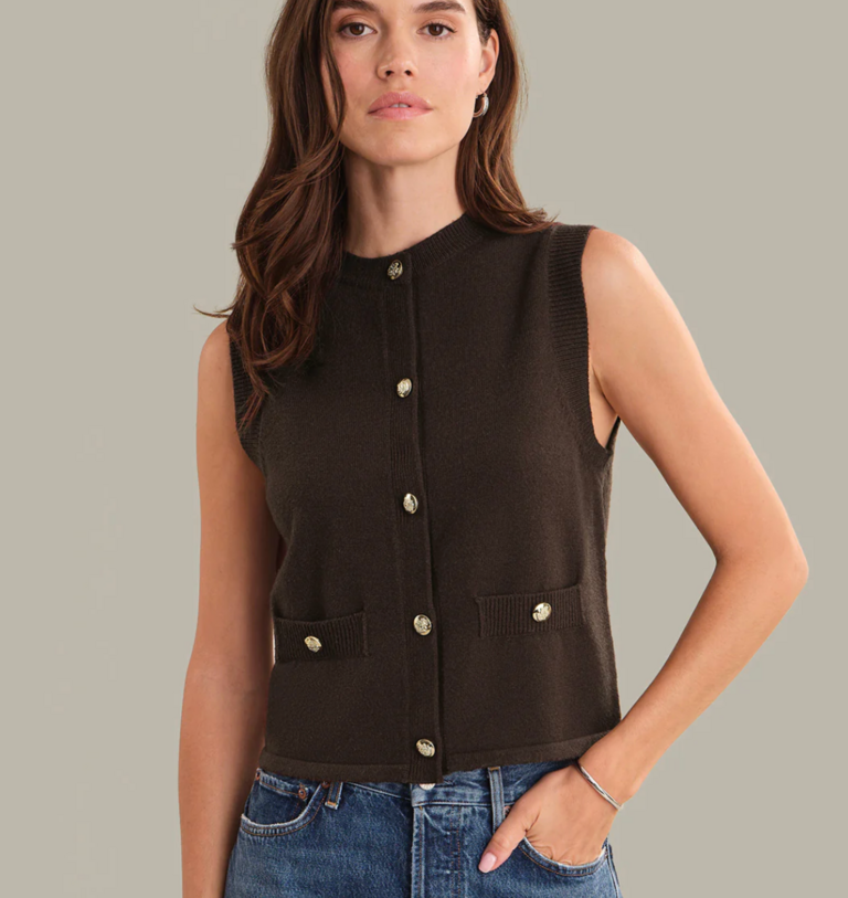 525 AMERICA AVERY METAL BUTTON CREWNECK SWEATER VEST SHAVED CHOCOLATE